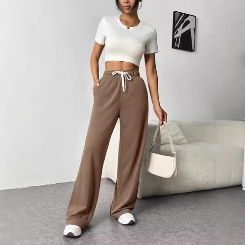 2025 Amazon Cross-border Spring Summer Women's Wide Leg Sports Pants High-waisted Loose Casual Drawstring Fitness Pants with Pockets