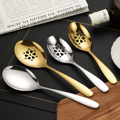 304不锈钢公用饭勺酒店自助餐厅公用分菜勺创意镀钛金色长柄汤勺