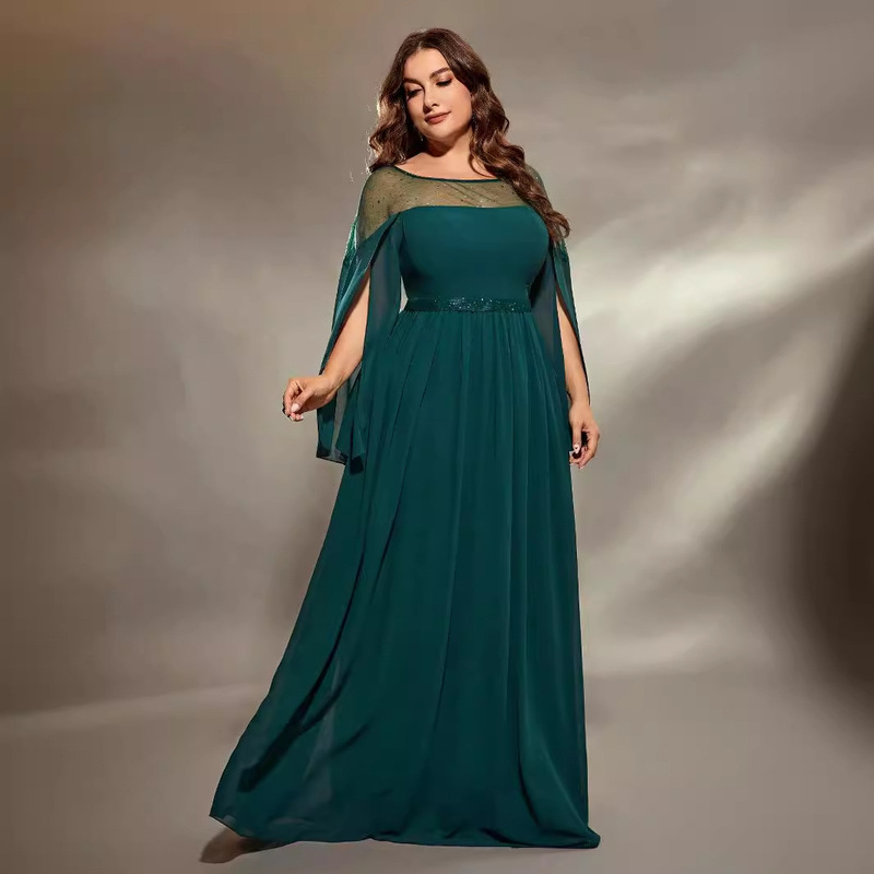 European and American Evening Dress New Plus Size Chubby Crewneck Long Bridesmaid Dress Black Mother's Chiffon