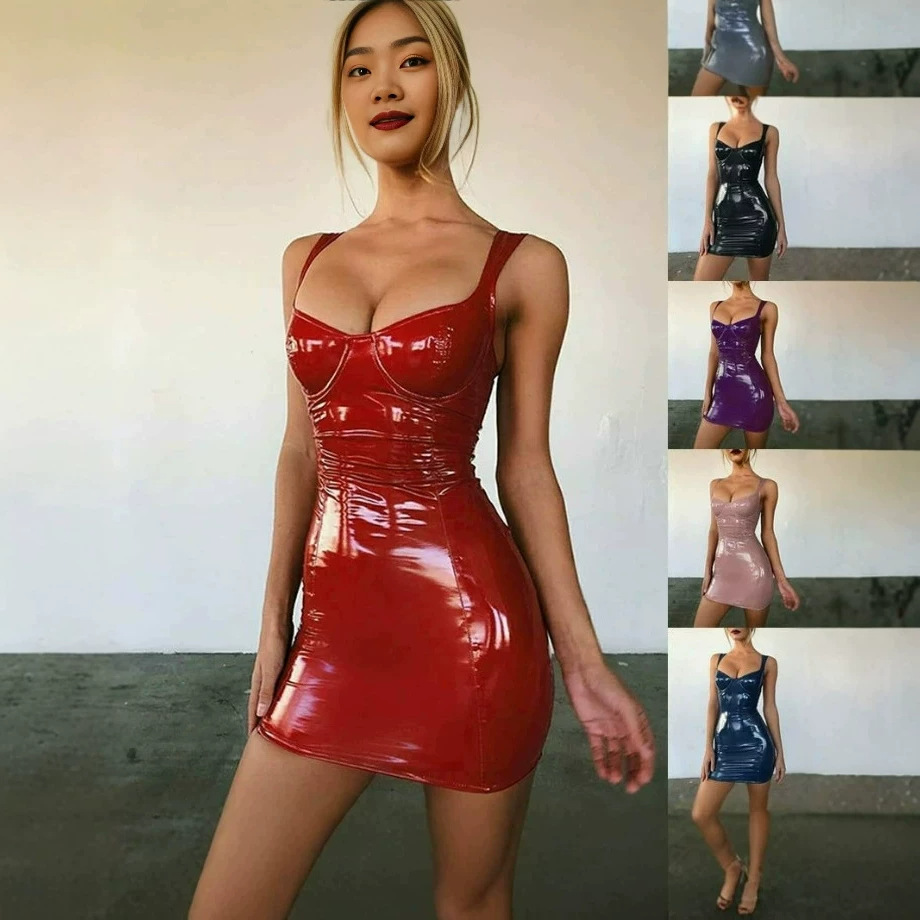 Pu Leather Strap Dress, Sexy Nightclub Party Outfit for Socialites, Goddess-Style Shiny Strapless Dress with Waist-Cinching Design for a Slimming Effect