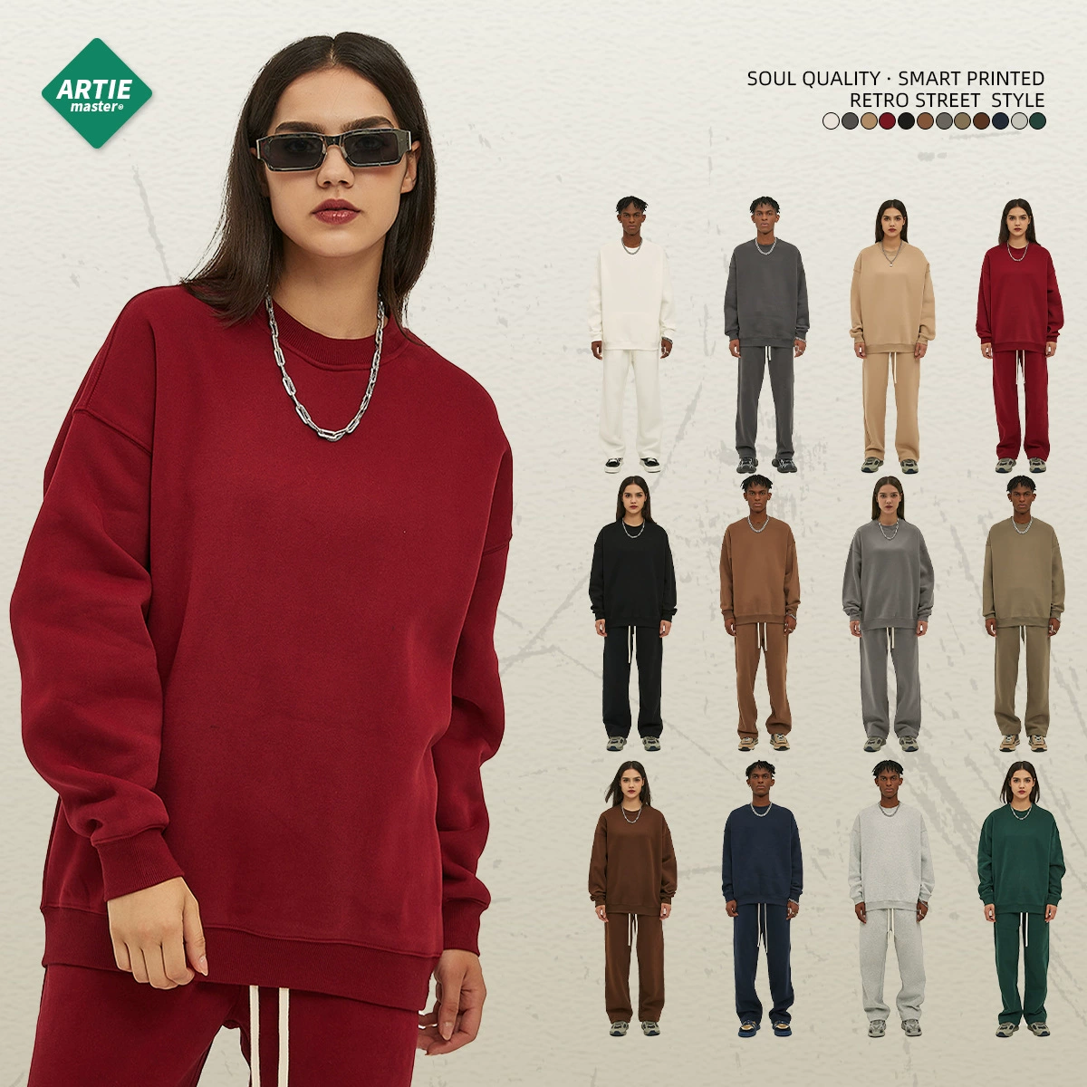 ARTIE Мужская одежда2025 Осень и зима Новый модный бренд 350 г Допамина Бархат Утолщенный свободный мужской свитшот с круглым вырезом