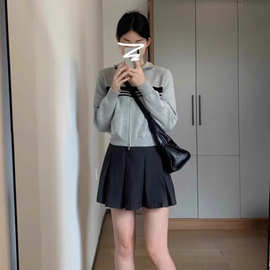 灰色拉链三条杠外套女春秋新款韩系休闲短款开衫上衣慵懒风外套女