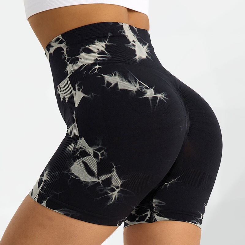 Tie-dyed sports shorts European and American style high waist belly contracting Peach Hip lifting yoga three pants high elastic fitness shorts iron