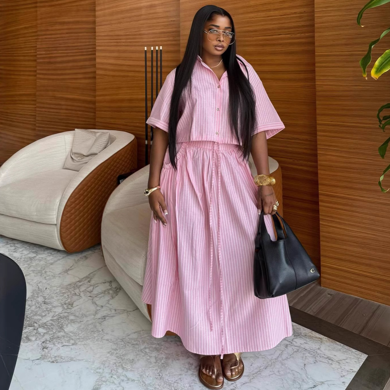 Women's Stripe Lapel Shirt & High-Waist Wrap Skirt Set – Trendy Two-Piece Outfit With Tied Waist Detail (Pink, S-Xxl)_voghion.com