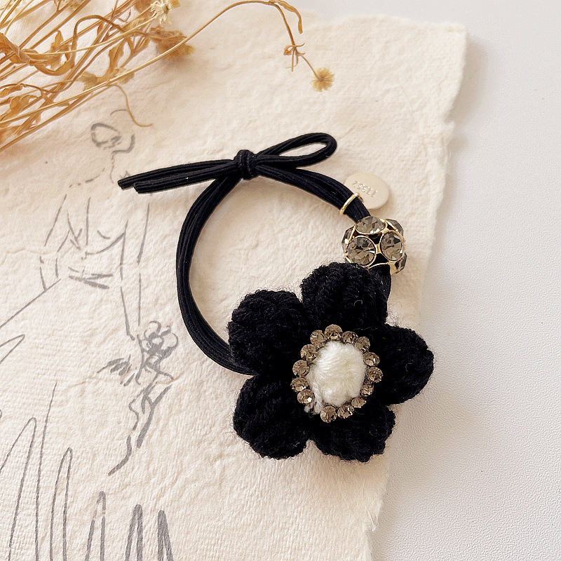 New Retro Milk Coffee Color Diamond-studded Wool Flower Simple Rubber Band Head Rope Hair Accessories display picture 3