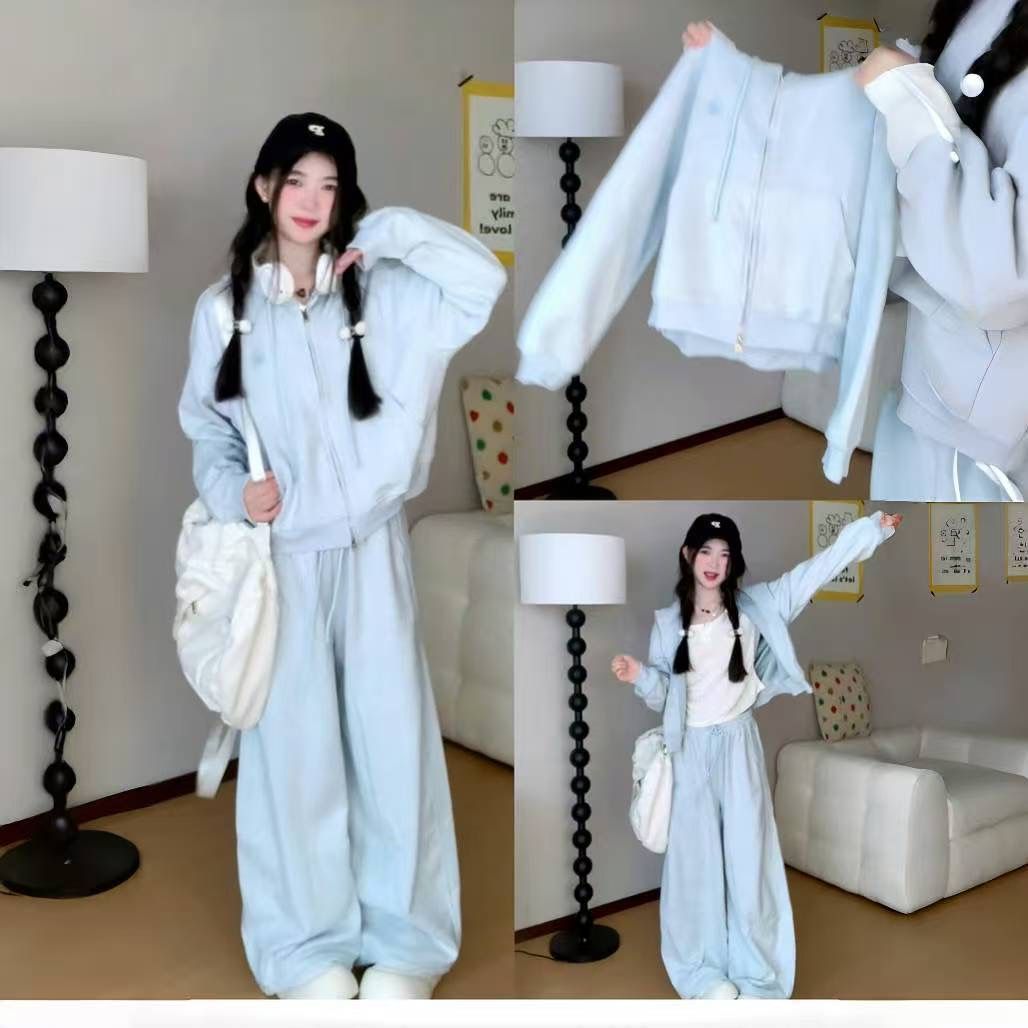 2026 New Stylish and Elegant Outfit Set for Women, Early Spring Blue Age-Reducing Casual Sports Sweatshirt Two-Piece Set