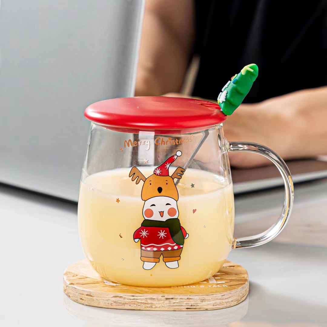 Creativo personalizado vidrio árbol de Navidad ancianos taza de agua regalo dibujos animados muñeco de nieve taza con tapa cuchara taza de café