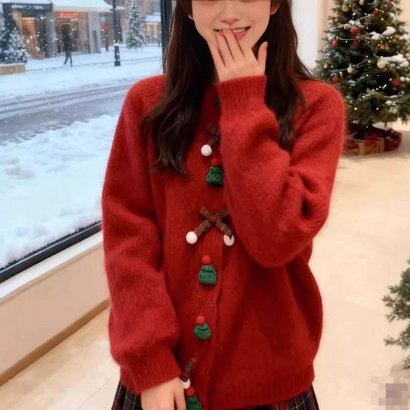 Kaning Christmas Decoration Korean Style Round Neck Knitted Cardigan 2026 Autumn and Winter New Style Preppy Style New Year Sweater Jacket