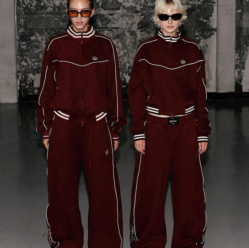 Badblood Burgundy Stand Collar Zipper Jacket Sweatshirt Jacket Men and Women Casual Loose Scimitar Wide Leg Pants Suit