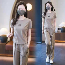 跨境外贸夏新款时尚运动服套装女洋气质显瘦宽松休闲跑步服两件套