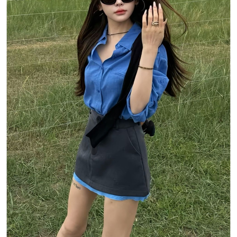 早秋穿搭一整套韩系新款克莱因蓝长袖衬衫半身裙独特巨好看套装女|undefined