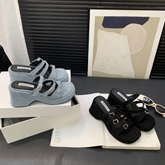 818-5~2024年夏季新款增高厚底松糕坡跟涼拖鞋女外穿高跟沙灘涼鞋