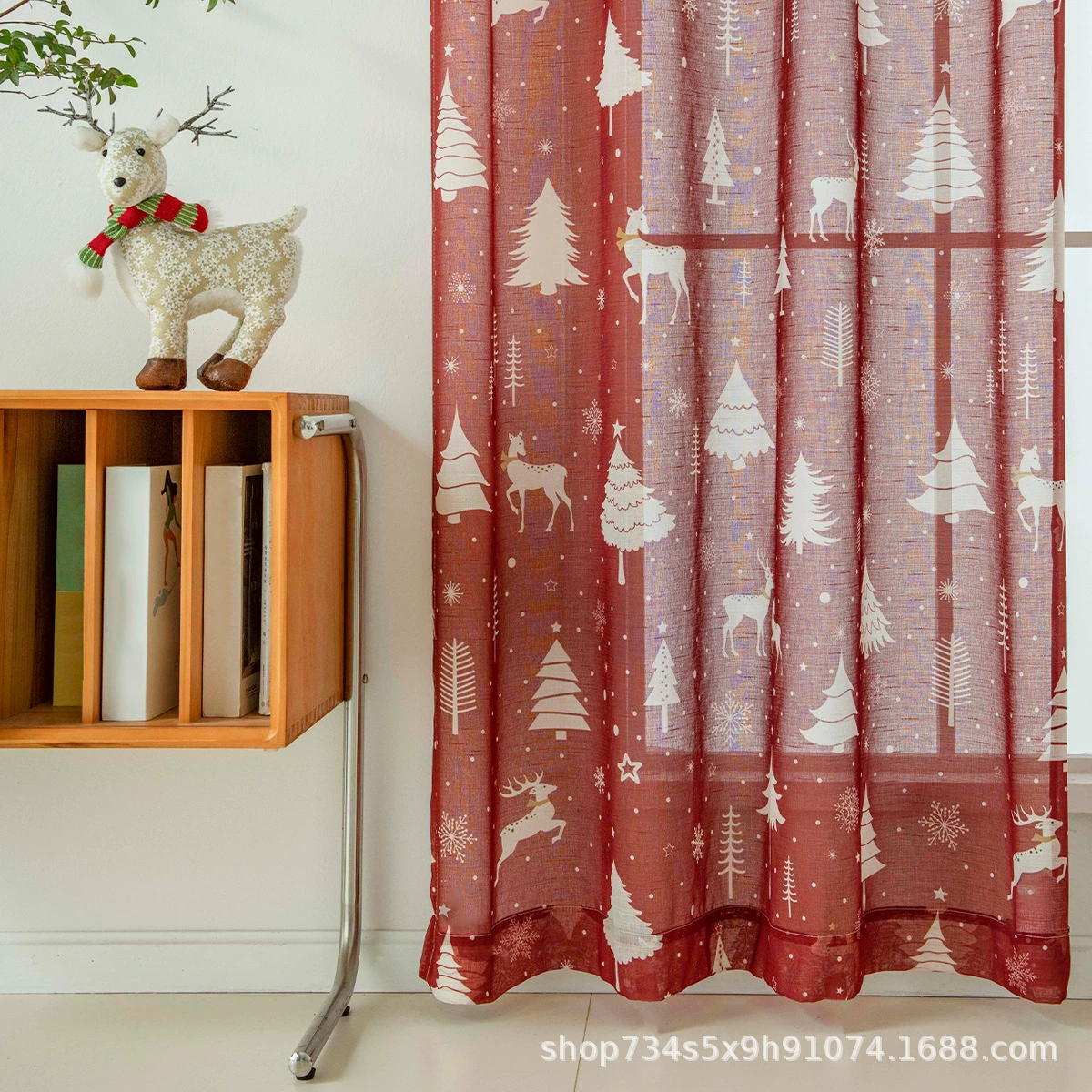 Cross-border exclusive Christmas sheer curtain with printed red Christmas curtain for living room and bedroom, hanging on rod