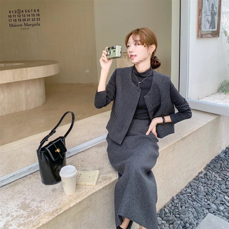 灰色时髦精穿搭马甲套装裙女秋季小香风三件套ootd感韩系|undefined