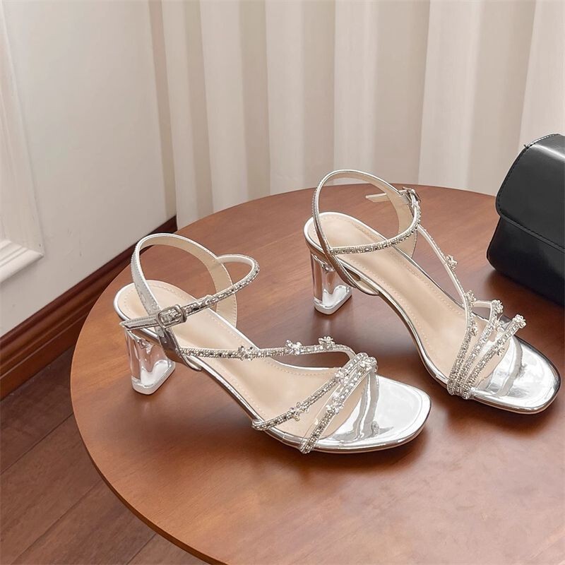 Silver Rhinestone Cross-Strap Square-Toe Chunky Heel Sandals, Date-Friendly Soft-Soled Fashion Shoes