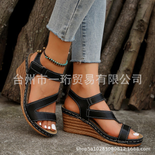 Cross-border Thick Bottom Round Head One-line Outer Wear 2024 New Summer Wedge plus size Women's Fashion Sandals 43