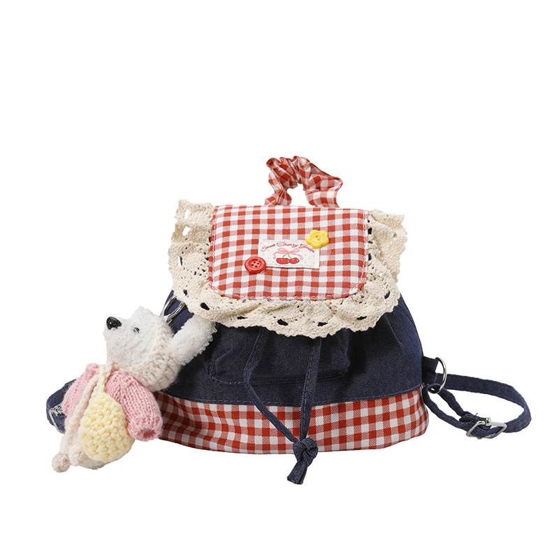 Mochila de denim de encaje de moda 2026 nueva moda mochila de encaje a cuadros, mochila portátil