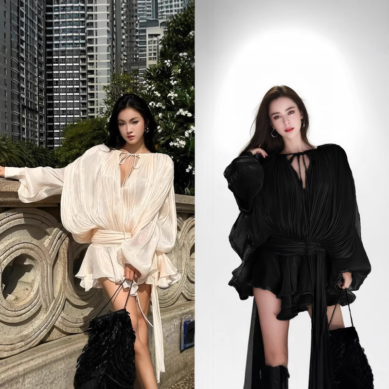 New Sexy Sweet and Spicy Dress, Loose and Lazy, Long-Sleeved, Mercerized Ribbon, Flesh-Covering, Slim-Fitting, Short Style, Ladylike Elegant