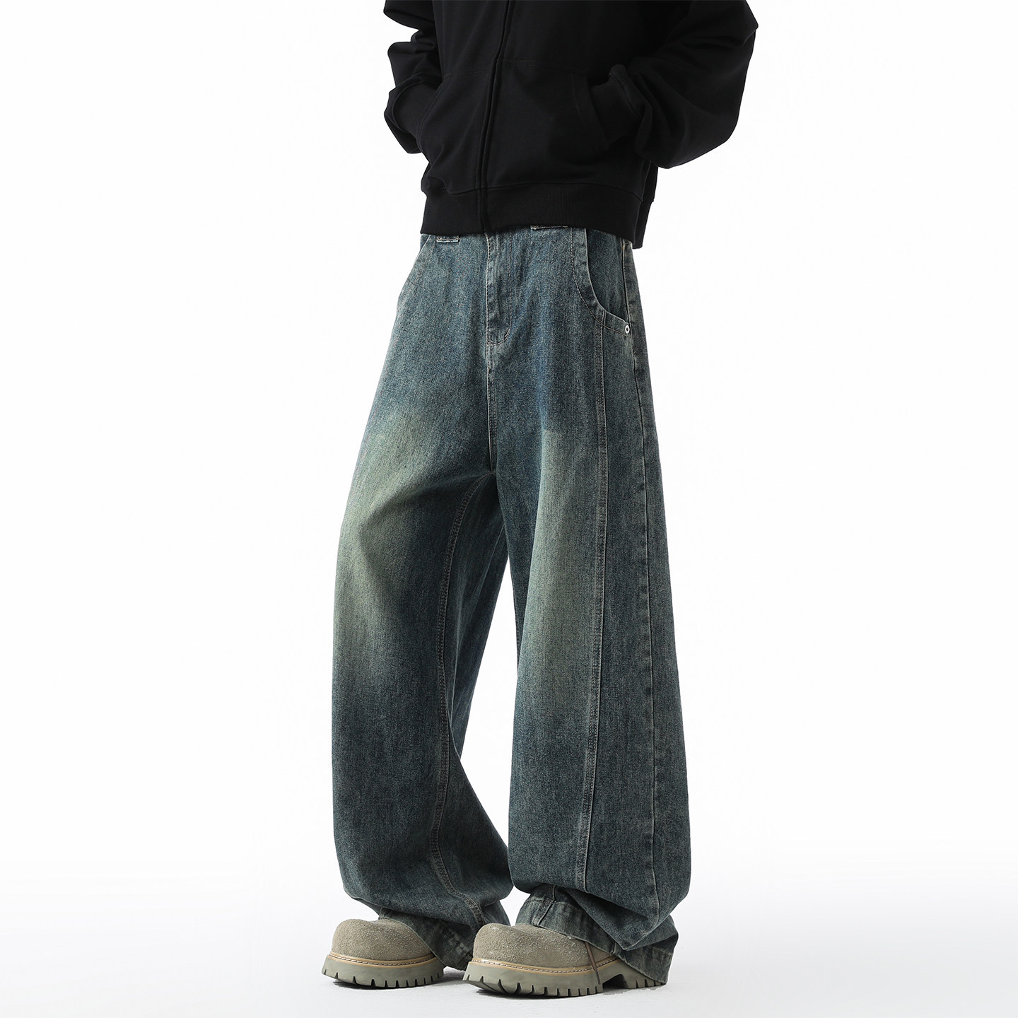 复古牛仔裤男直筒宽松阔腿美式高街裤子潮牌痞帅cleanfit休闲长裤