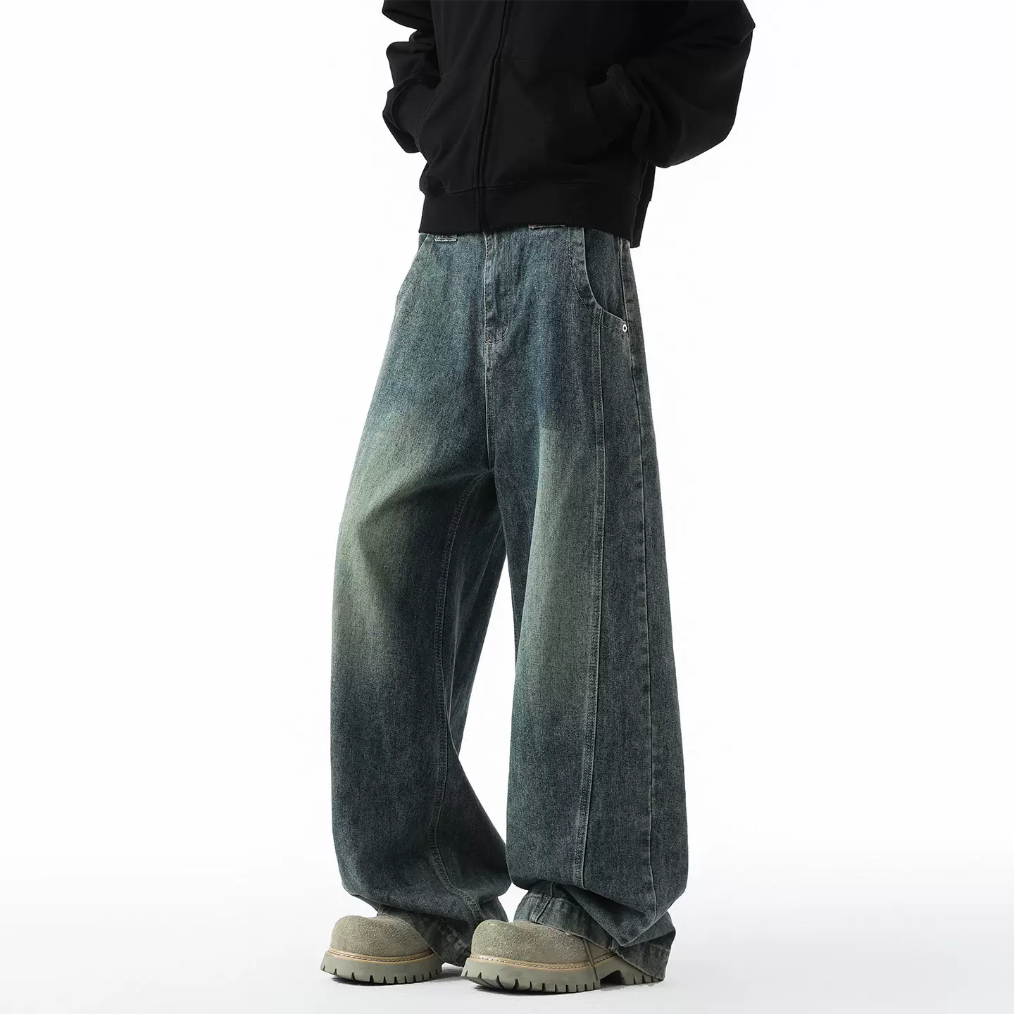 复古牛仔裤男直筒宽松阔腿美式高街裤子潮牌痞帅cleanfit休闲长裤