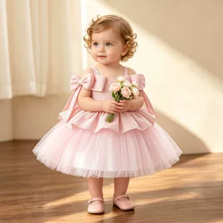儿童礼服婴幼童吊带一字肩露肩连衣裙生日纱公主晚礼服女童公主裙