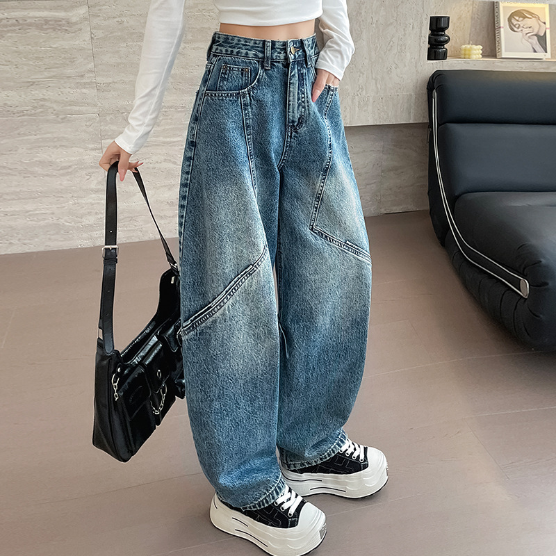 High-end versatile slim scimitar straight jeans for women ins spring fashionable fashionable high-waist loose wide-leg pants