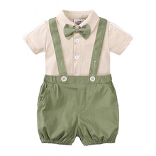 2024夏季新款男宝宝周岁绅士领结背带两件套装婴幼儿宴会礼服