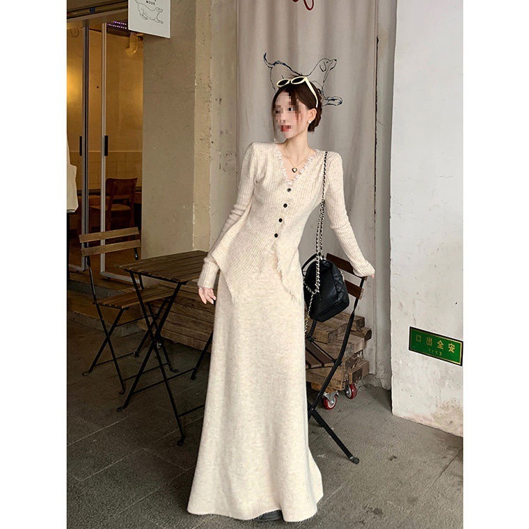 法式小香风时尚套装女秋冬新款修身显瘦气质针织毛衣半身裙两件套|undefined