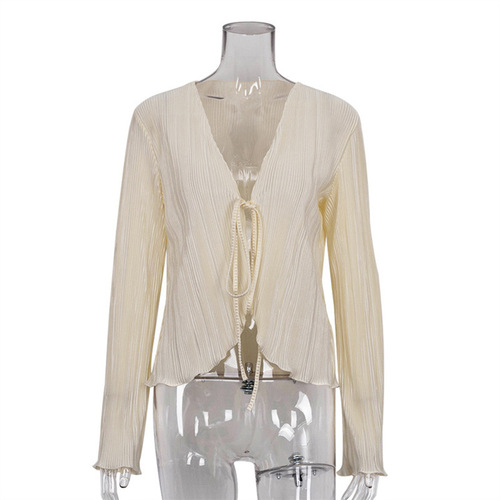European and American ins style 2024 new style summer sexy girl top slim trumpet long sleeve pleated shirt women French