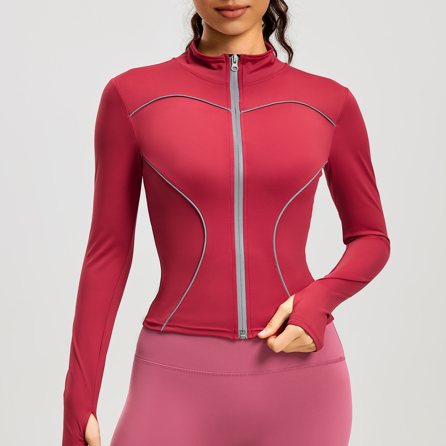 Chaqueta de Yoga Juyitang con Diseño de Líneas, Cuello Alto, Corte Ajustado, Reflectante para Correr de Noche, para Mujer