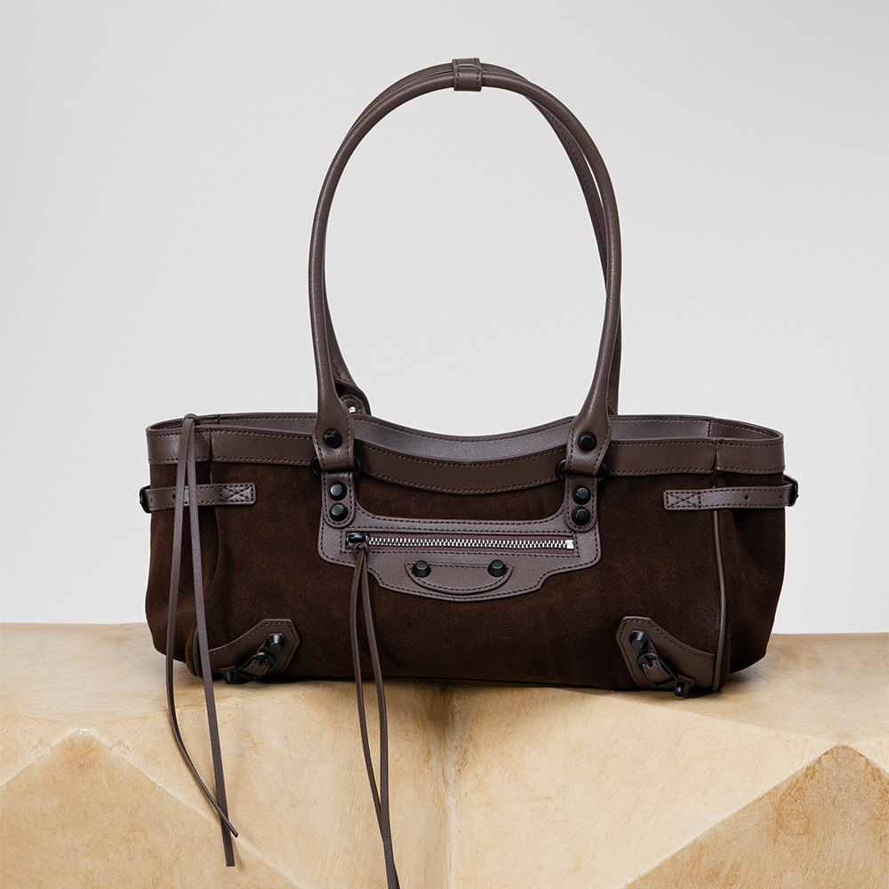 New Matte Cowhide Biker Bag Retro Studded Women's Handbag Casual Commuter Shoulder Bag Underarm Tote - Thumbnail 3