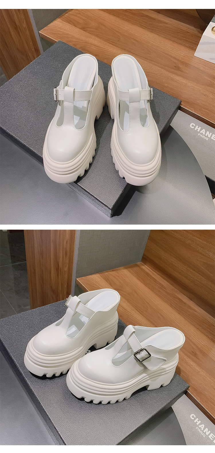 Dép mule nữ bít mũi đế xuồng cao 15cm khóa trang trí mùa hè — Màu trắng be 15cm, Màu trắng be 10cm, Màu trắng gạo 12cm, Màu đen 12cm chi tiết 8