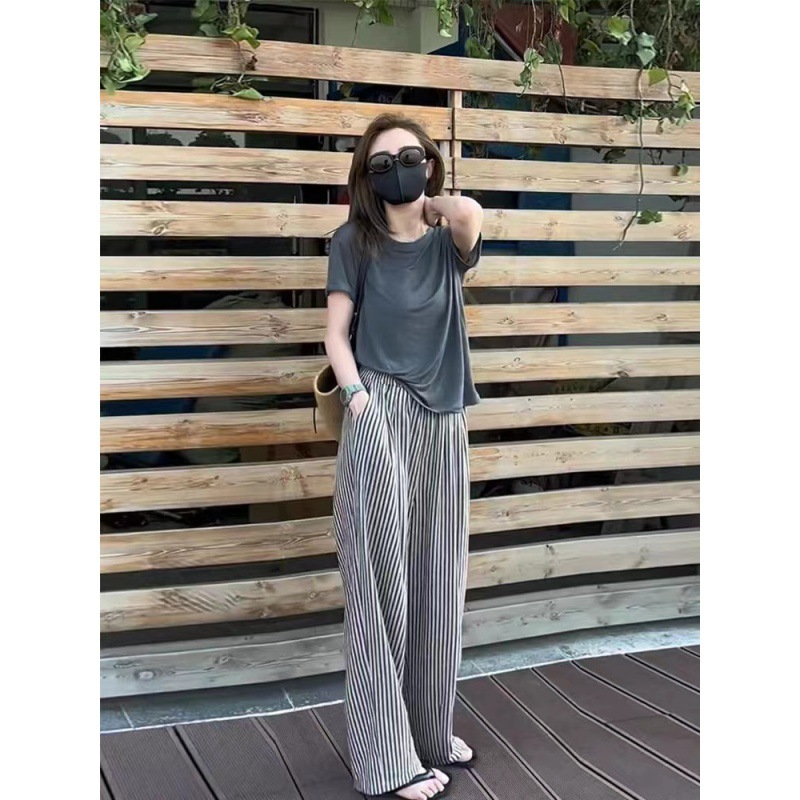 Korean Style Fashionable Casual Straight Wide Leg Pants Women's 2024 Summer New Arrival plus size Slimming All-Match Thin Striped Pants