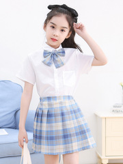 Children's JK uniform for girls, primary school students, summer short-sleeve set, basic style blouse, checkered pleated skirt, children's checkered dress