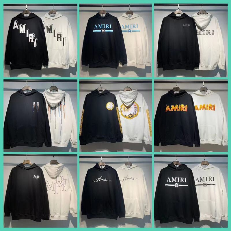 Am1R1 Icon High Street Fashion Brand Cracked Letter Logo Splash Ink Flow Paint Graffiti Embroider Hooded Sweatshirt for Men