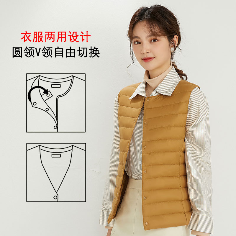 Otoño plumado ligero damas no cuello V chaleco blanco chaleco interior de caballo clip de hombro con chaqueta de base