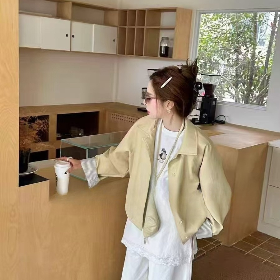 European Style Design with Contrasting Color Cuffs and Lapel Leather Jacket for Women 2025 Autum New Jacket Top Trend