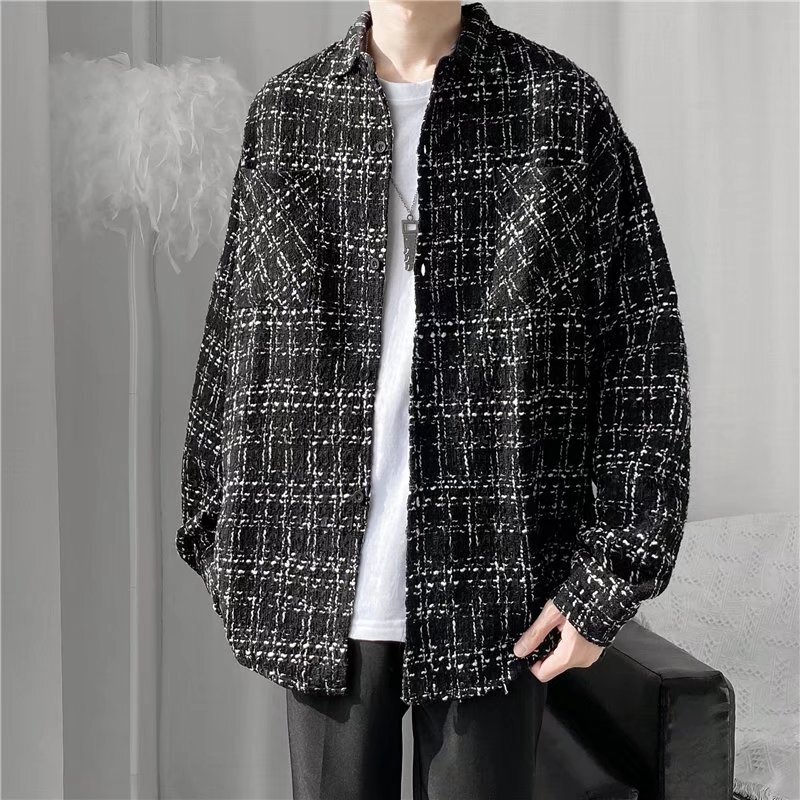 Tweed Chanel-Style Plaid Jacket for Men, Spring, Autumn, and Winter High-End Loose Casual Men's Lapel Jacket