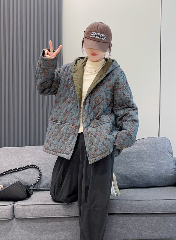 冬季新款复古碎花夹棉两面穿棉衣外套女连帽宽松百搭保暖休闲棉服|undefined