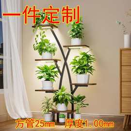新款铁艺植物架带灯室内阳台花架铁木led展示架多层花盆支架