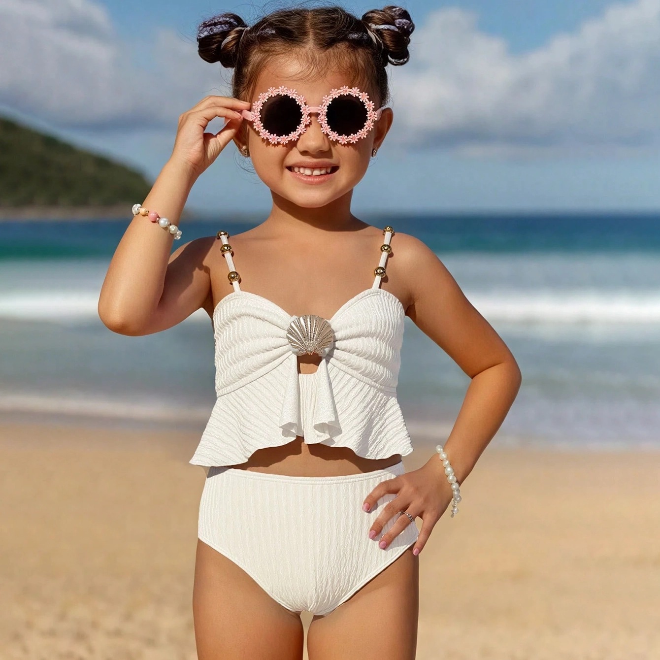 Girls' Two-Piece Swimsuit Set, Cute Shell Design, Little Girl's Beach Ruffled Children's Swimwear, Quick-Drying