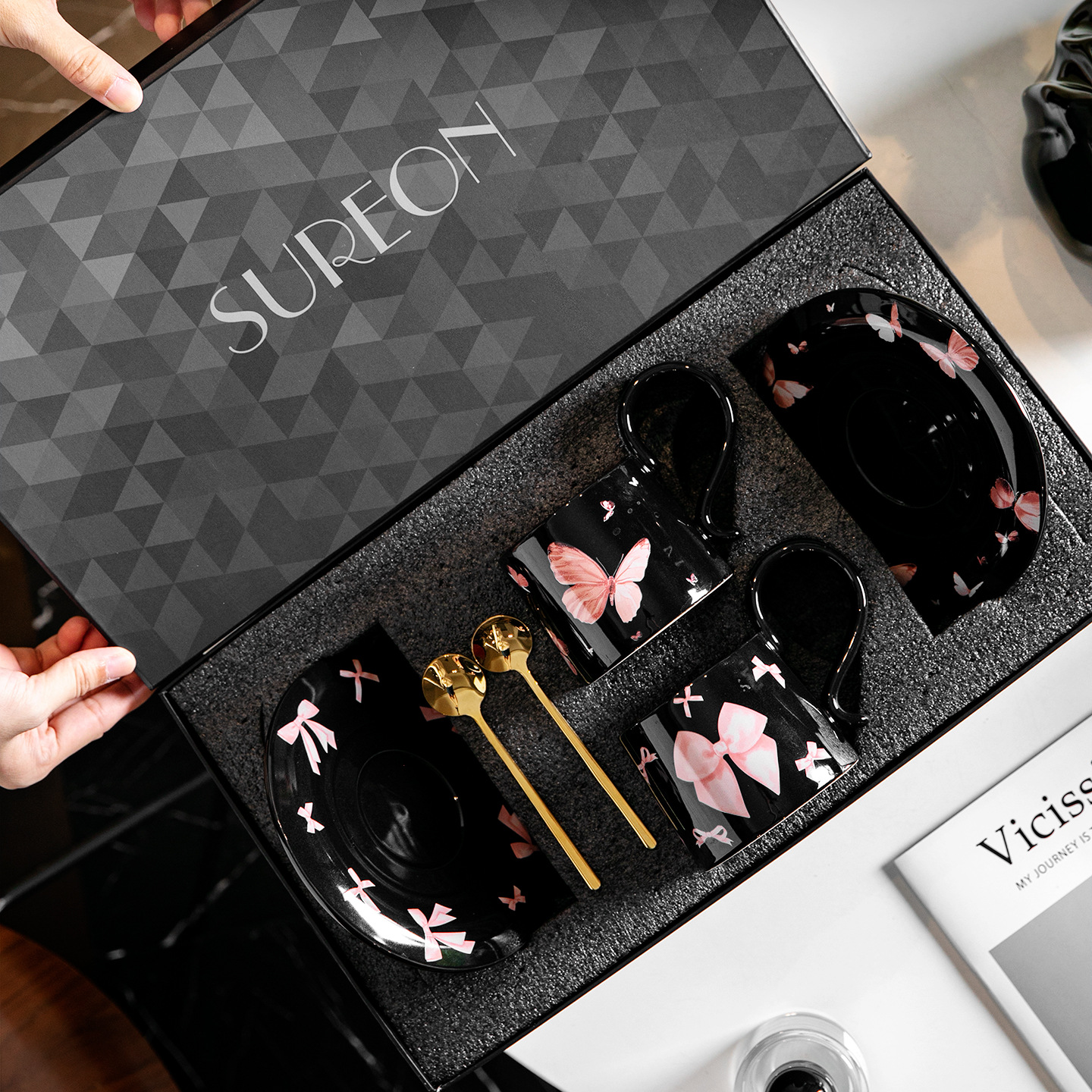 Amor arco taza de café y plato conjunto de caja de regalo para la casa de bodas regalo de regalo de cumpleaños té de la tarde