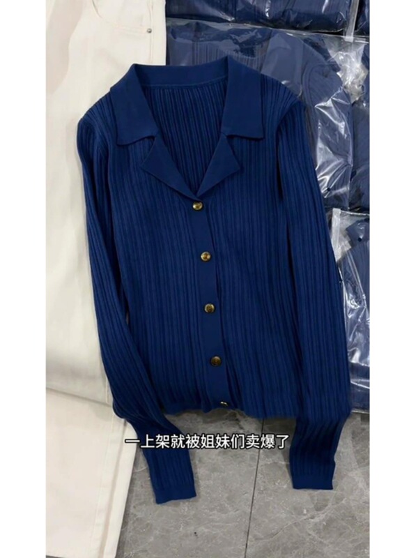 蓝色翻领针织开衫外套女早秋季收腰内搭软糯毛衣短款独特绝美上衣|undefined