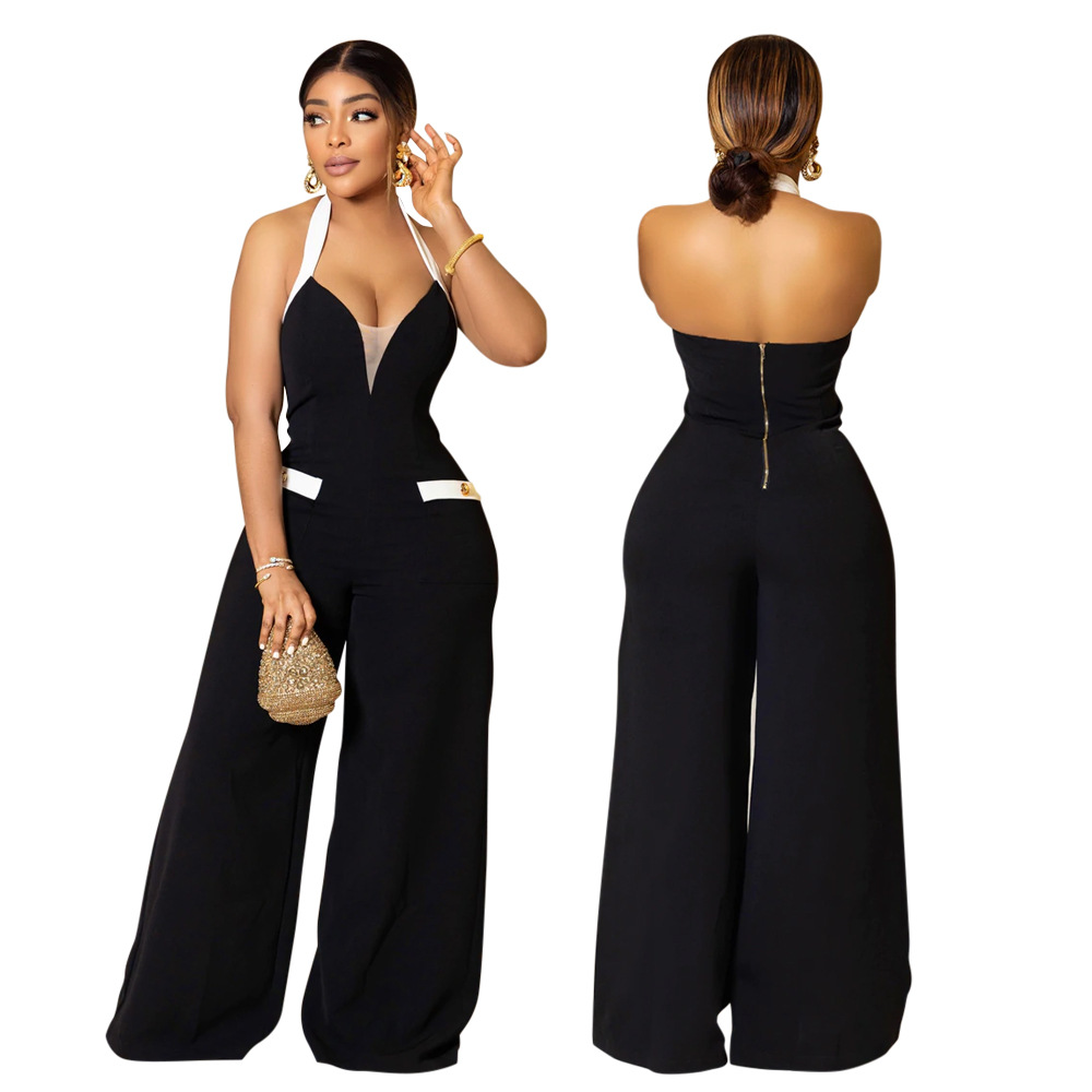 hanging neck low-cut backless wide-leg color matching jumpsuit NSCYF125051