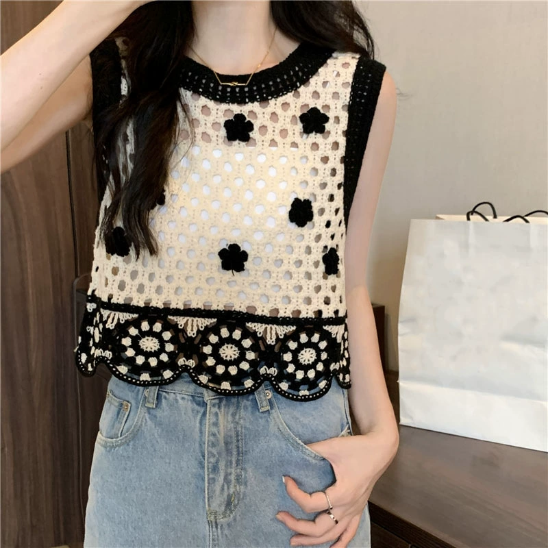 Вязаный полый жилет, женская летняя верхняя одежда без рукавов, дизайн, короткая Горячая Одежда для девочек, красивая спина, Уникальный Шикарный маленький Топ