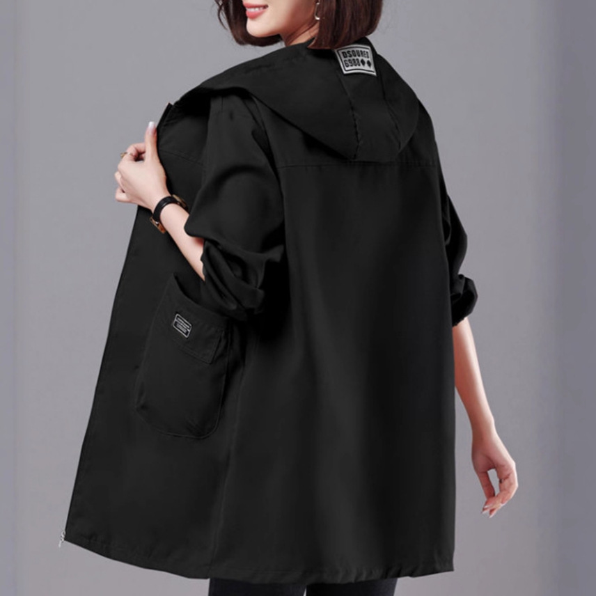 大码中长款风衣女中年妈妈外衣宽松春秋外套宽松连帽上衣棒球服薄
