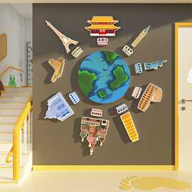 世界地图布置楼梯扶手装饰幼儿园环创主题布置成品托管班文化走廊