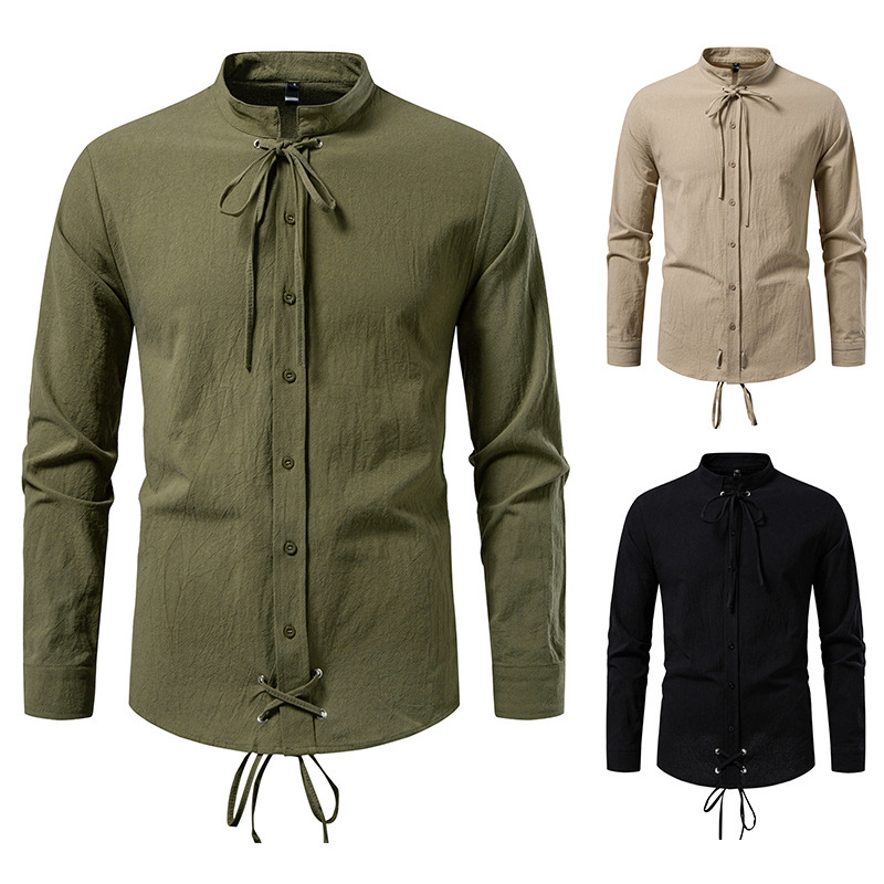 Amazon New Medieval Pirate Drawstring Men's Cotton and Linen Long Sleeve Shirt C75
