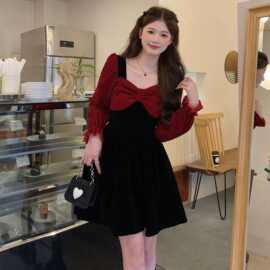 大码女装假两件连衣裙秋冬胖mm显瘦收腰复古法式新年红色裙子