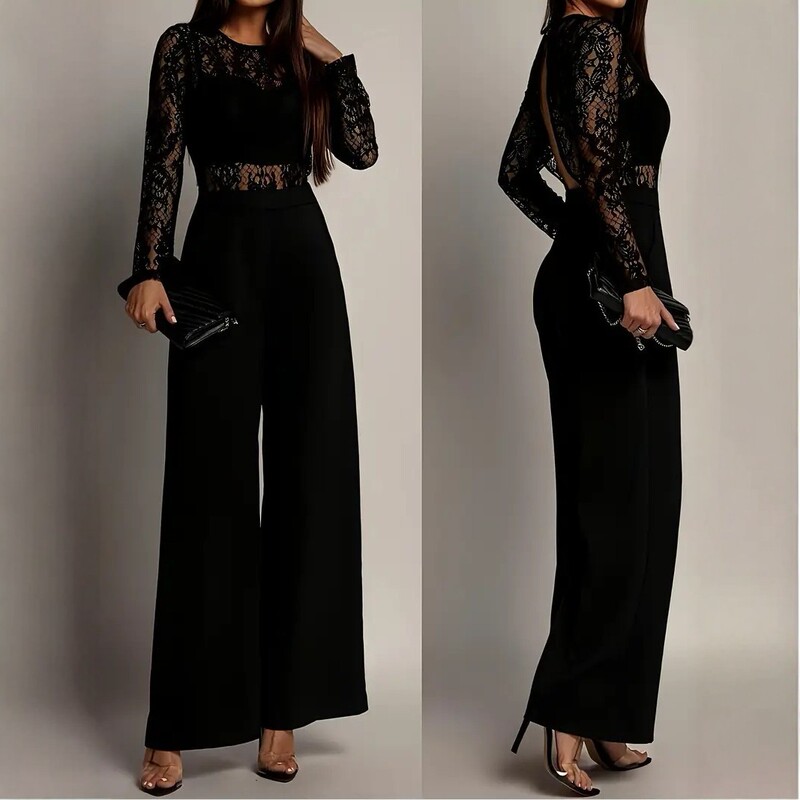 European and American Style Lace Patchwork Wide-Leg Jumpsuit for Women, New Spring and Autumn Sexy See-Through Long-Sleeve Cross-Border Fashion Jumpsuit